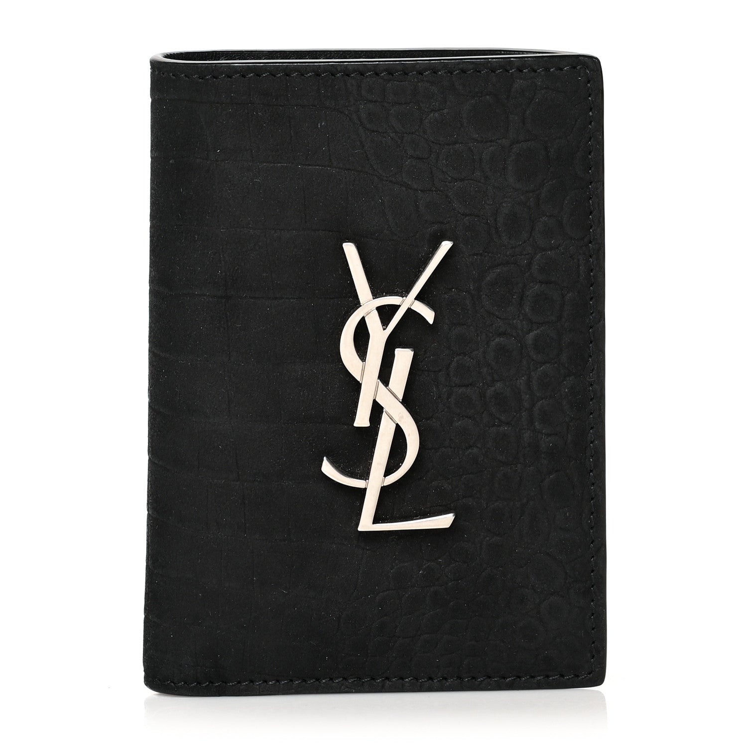 Saint Laurent Calfskin Crocodile Embossed Monogram Credit Card Wallet Black 1 of 8