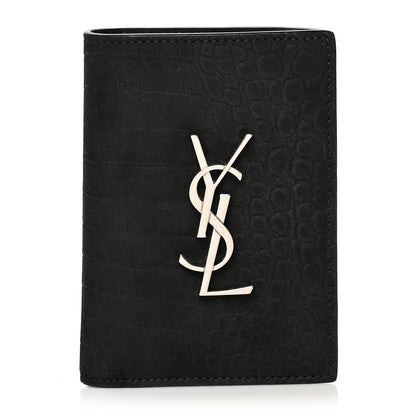 Saint Laurent Calfskin Crocodile Embossed Monogram Credit Card Wallet Black 1 of 8