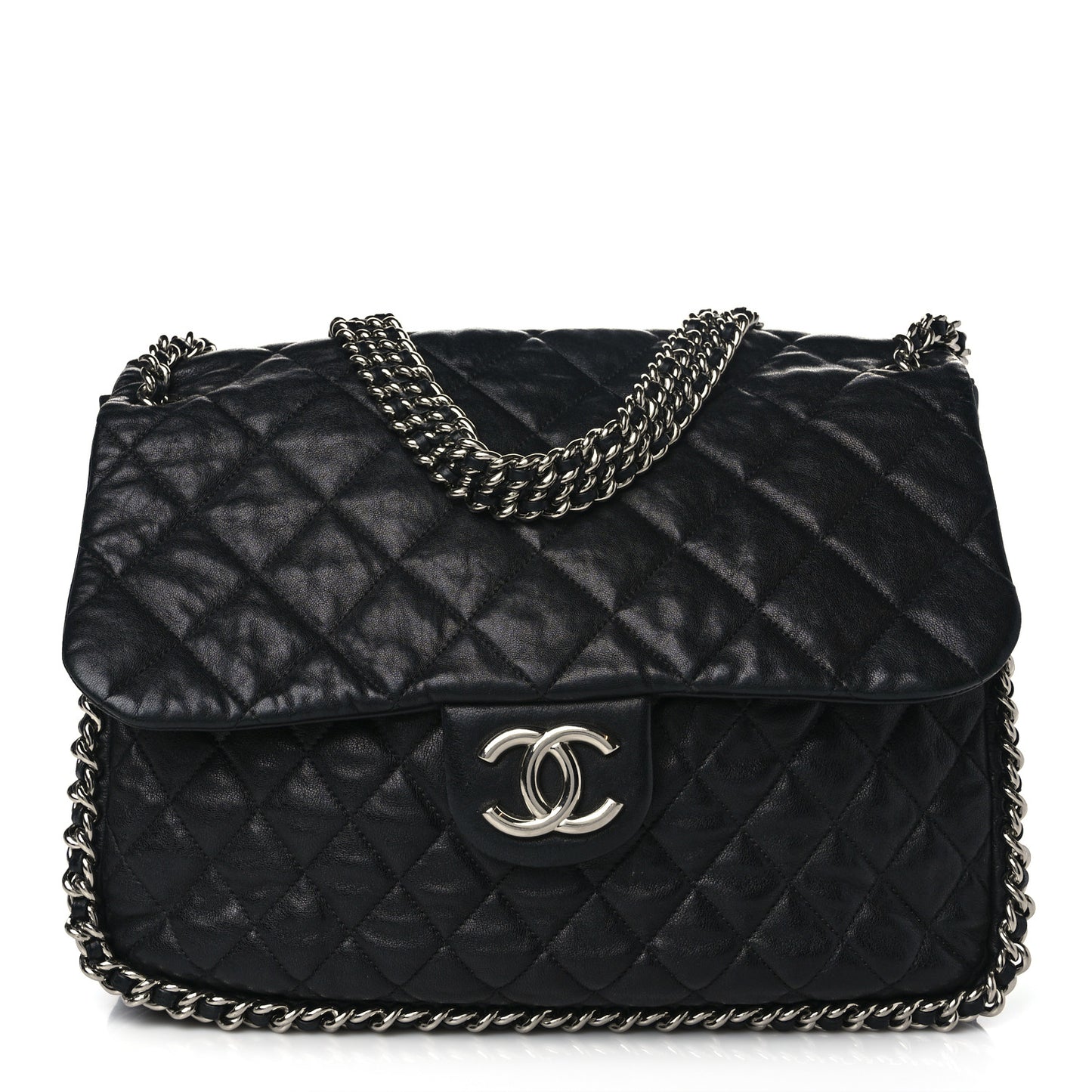 Washed Lambskin Quilted Maxi Chain Around Flap Black