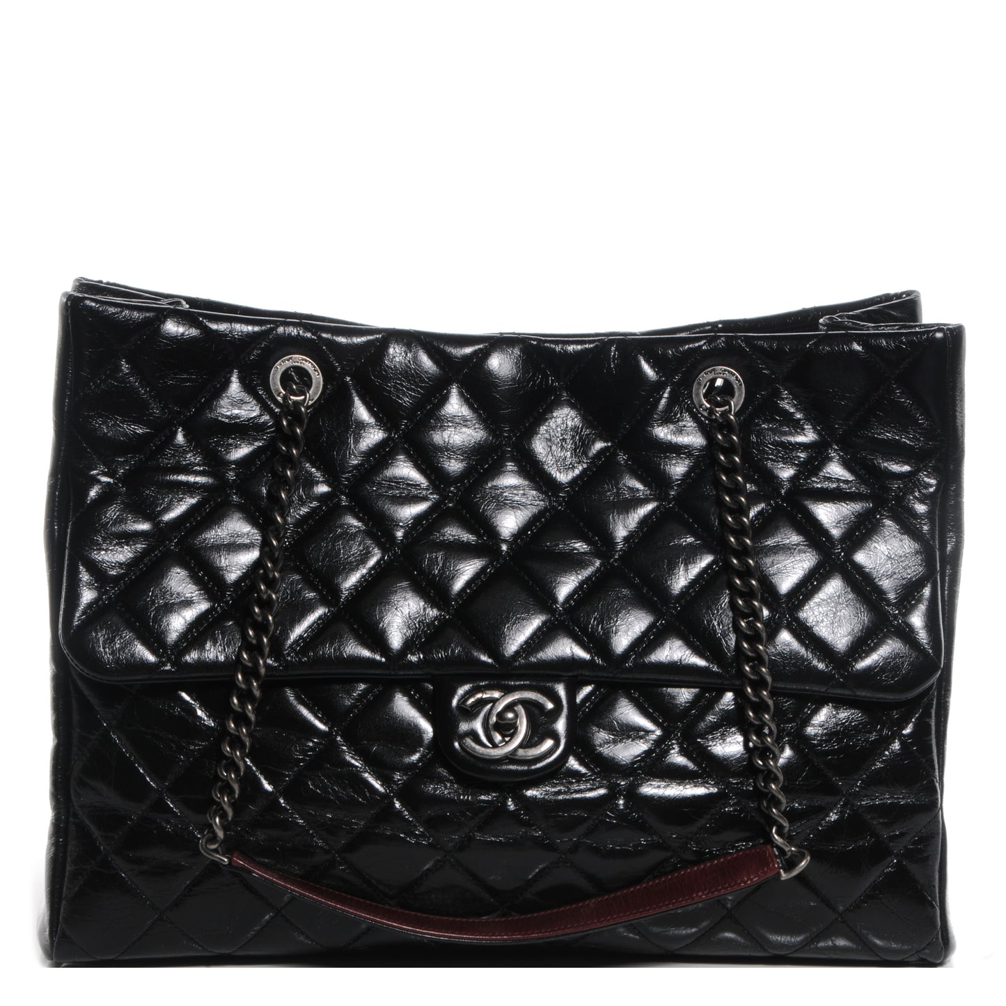 Glazed Calfskin Large Front Flap Tote Black