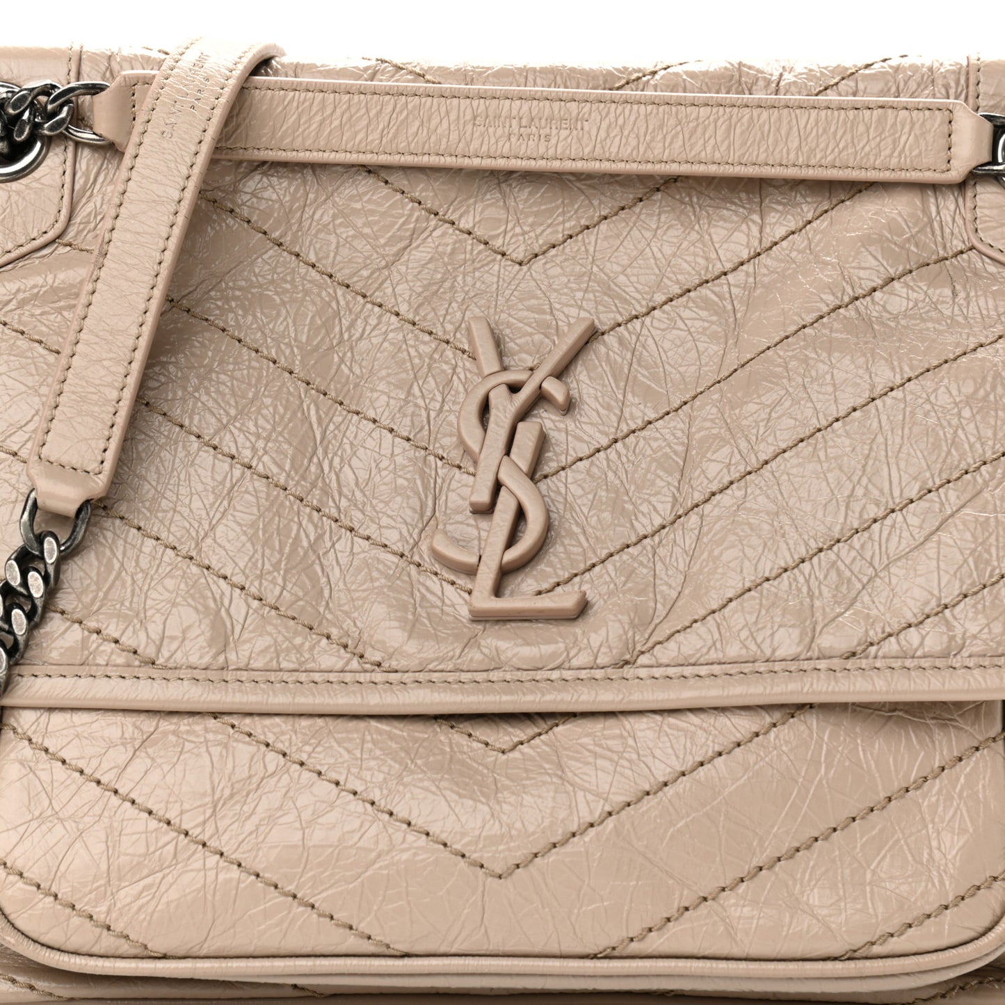 Crinkled Calfskin Matelasse Monogram Medium Niki Chain Satchel Natural