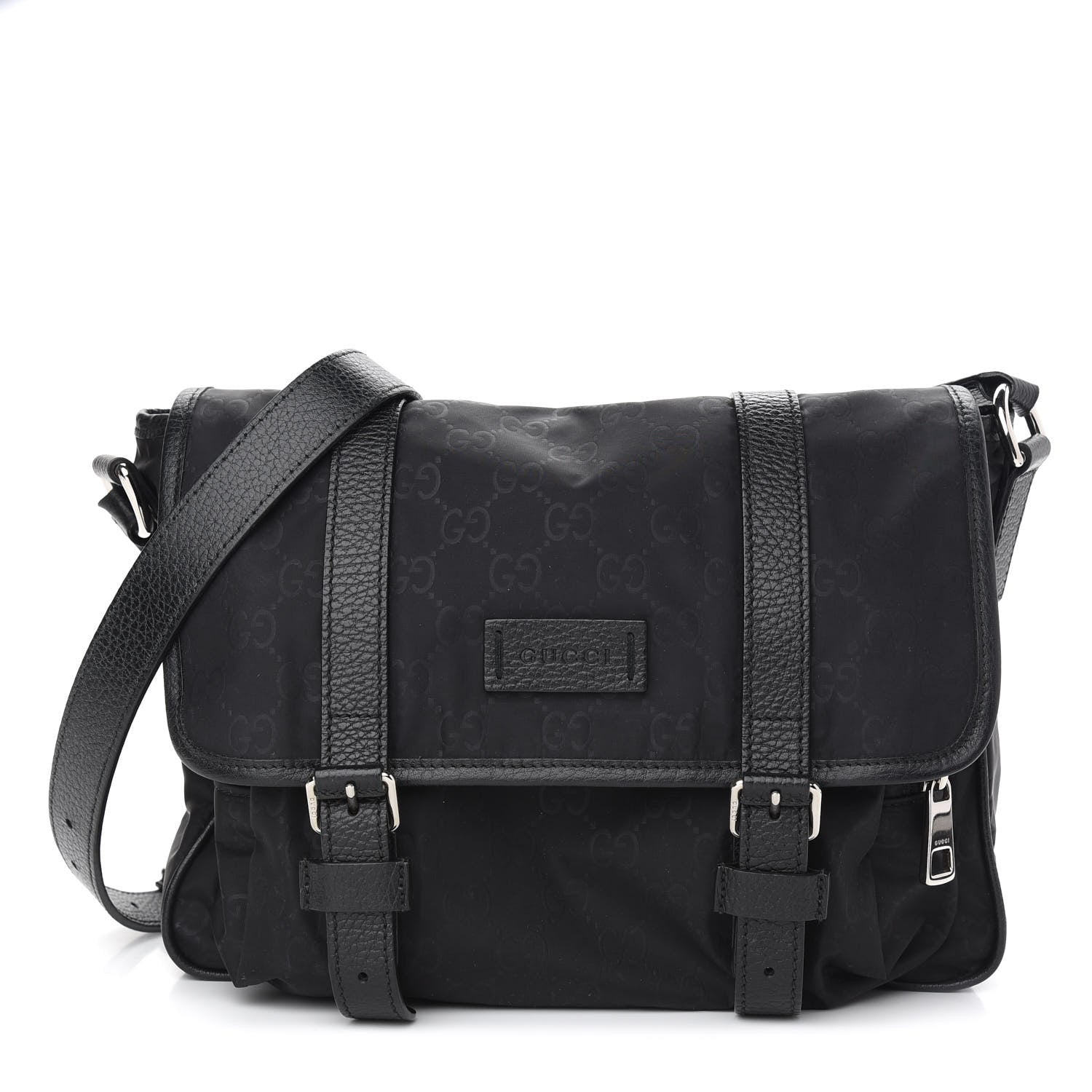 Gucci Nylon Monogram Double Buckle Flap Messenger Bag Black 1 of 9