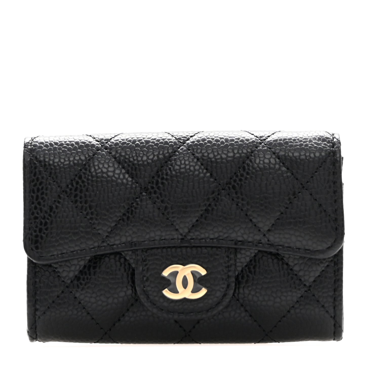Caviar Quilted Flap Card Holder Wallet Black
