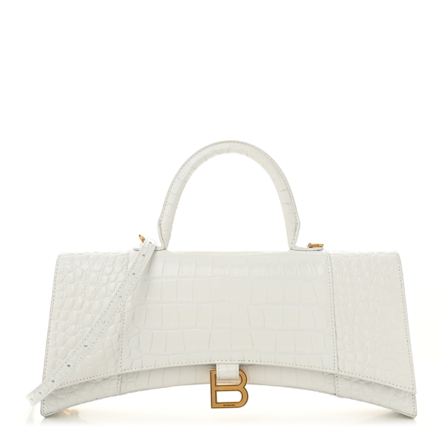 Shiny Calfskin Crocodile Embossed Tonal B Hourglass Stretch Top Handle Bag White