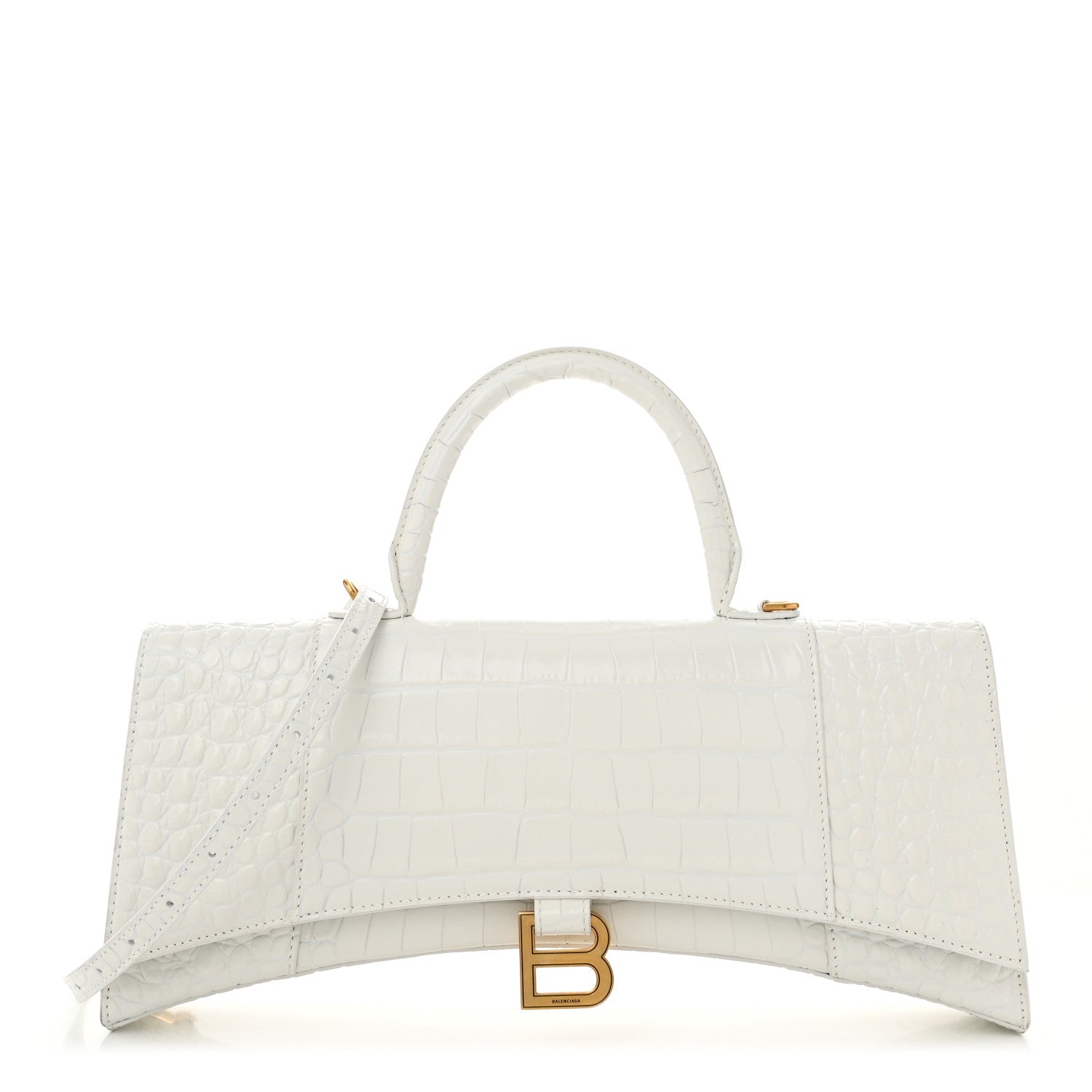 Balenciaga Shiny Calfskin Crocodile Embossed Tonal B Hourglass Stretch Top Handle Bag White 1 of 11