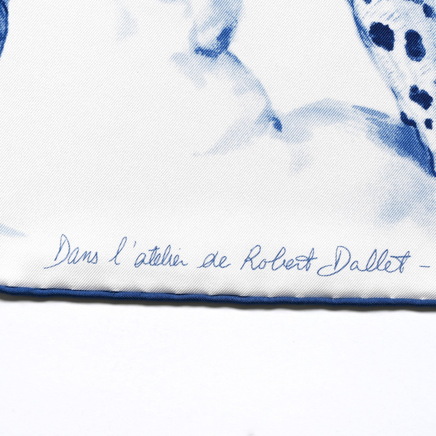 Hermes Silk Dans L'Atelier de Robert Scarf 90 White Bleu Jean Marine 5 of 5
