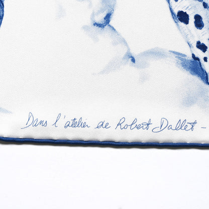 Hermes Silk Dans L'Atelier de Robert Scarf 90 White Bleu Jean Marine 5 of 5