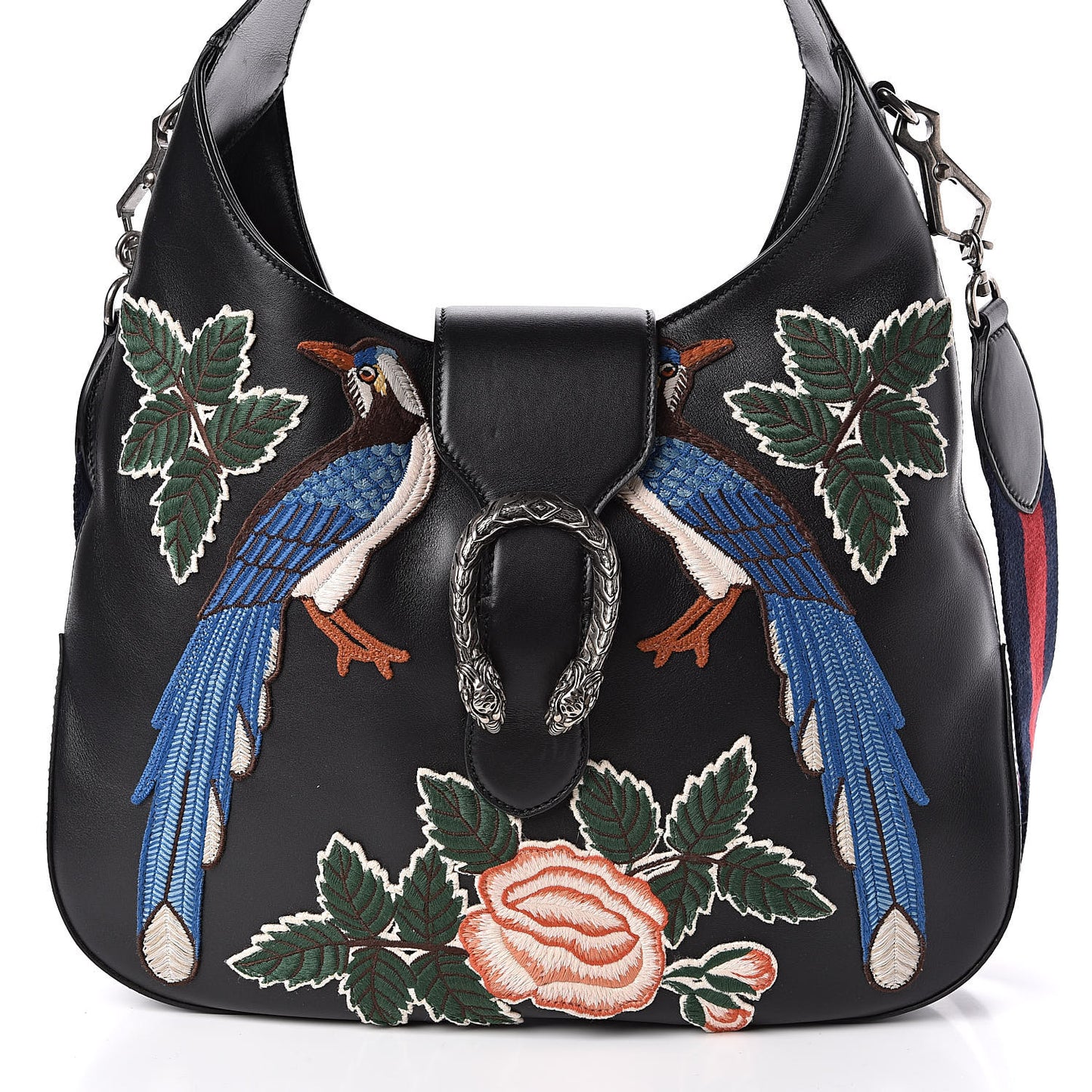 Calfskin Web Garden Collection Embroidered Medium Dionysus Hobo Black