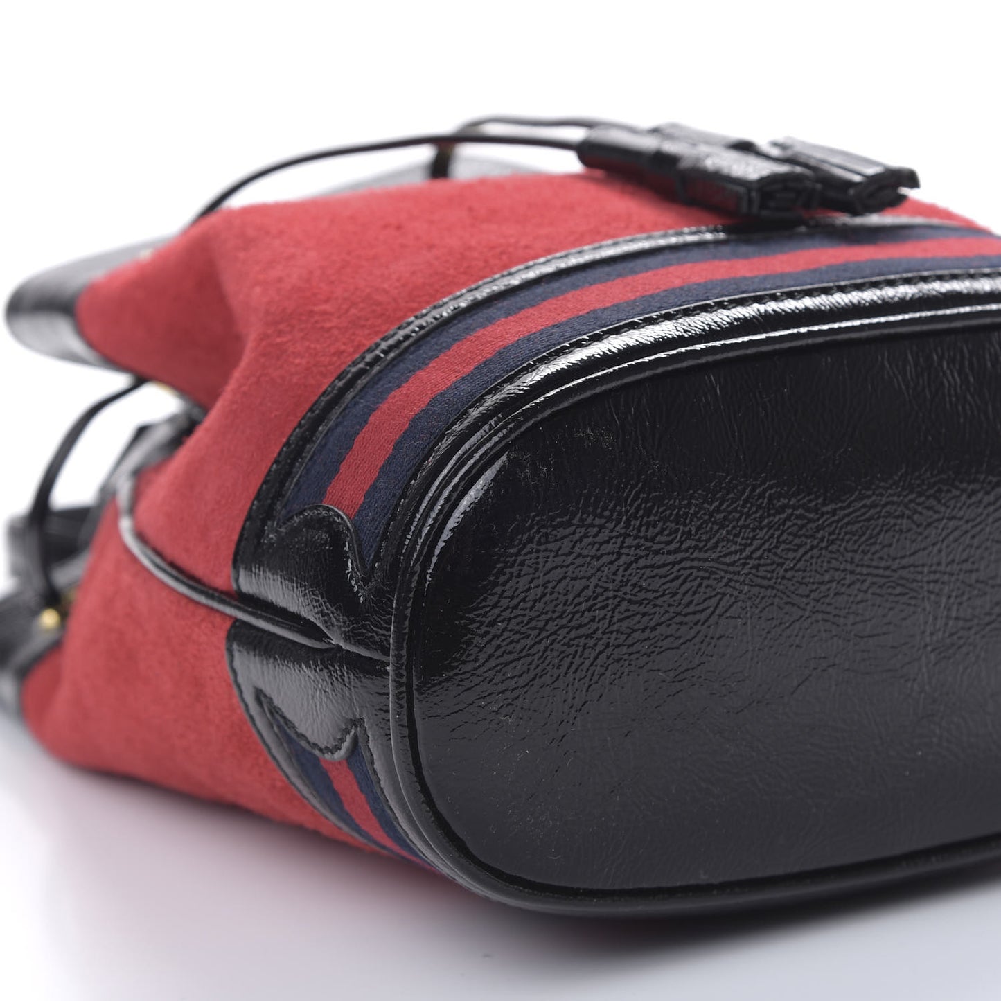 Suede Patent Web Small Ophidia Bucket Bag Hibiscus Red Black