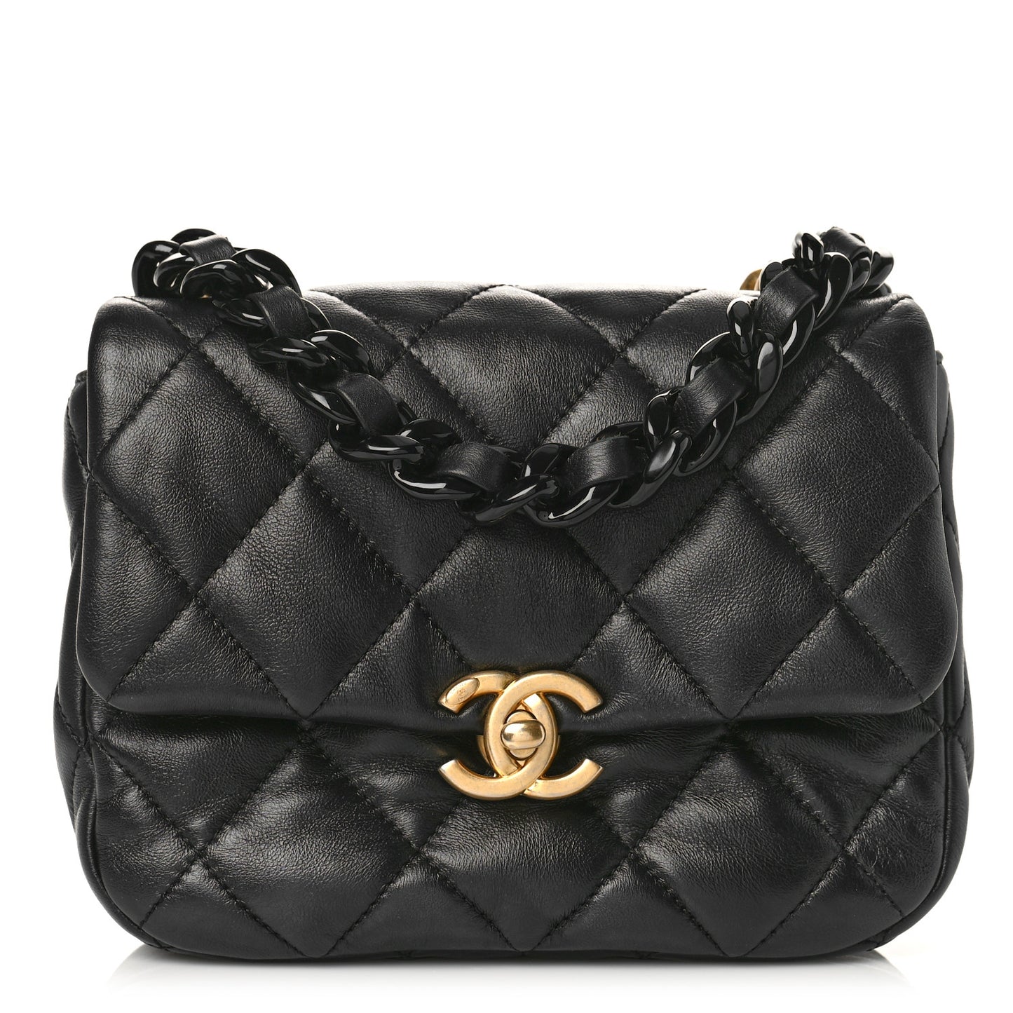 Lambskin Quilted Mini Lacquered Chain Flap Black