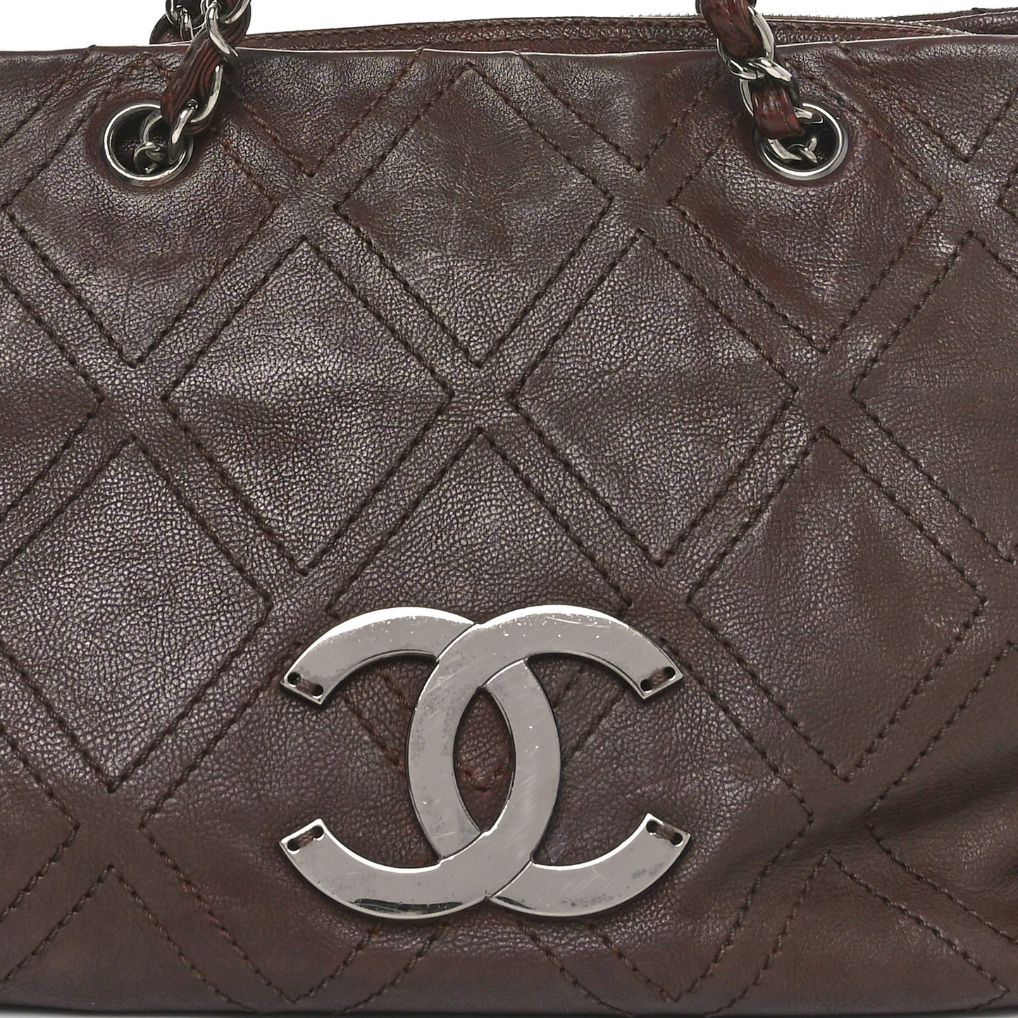 Calfskin Diamond Stitch Small Tote Dark Brown