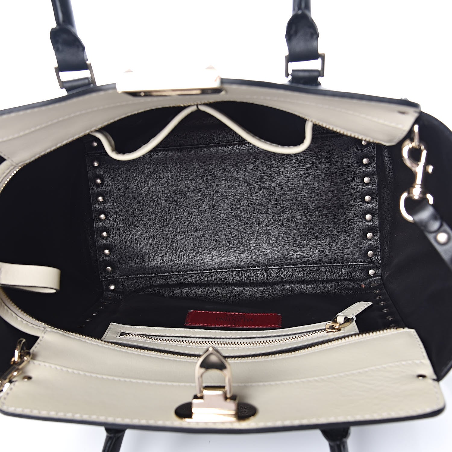 Valentino Garavani Vitello Bi-Color Small Rockstud Double Handle Tote Ivory Black 5 of 12