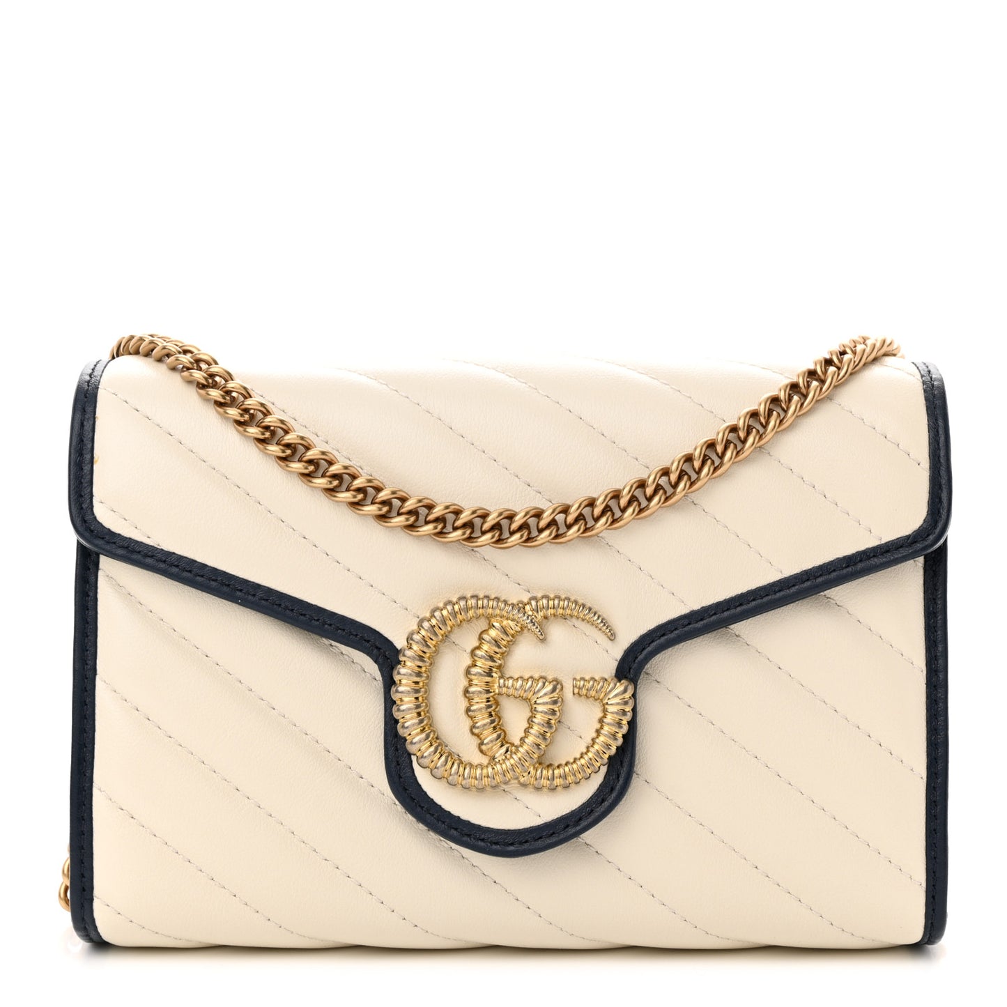 Vintage Effect Calfskin Matelasse Diagonal Torchon GG Marmont Chain Wallet Mystic White Blue Agata