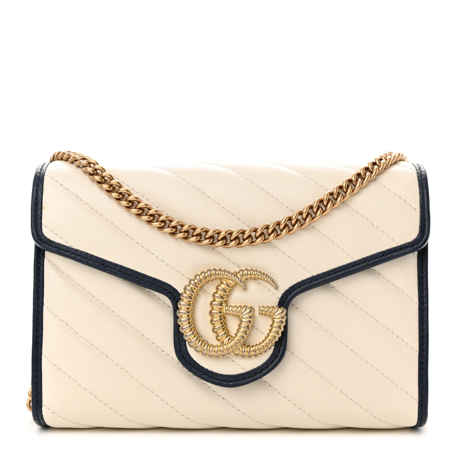 Gucci Vintage Effect Calfskin Matelasse Diagonal Torchon GG Marmont Chain Wallet Mystic White Blue Agata 1 of 11