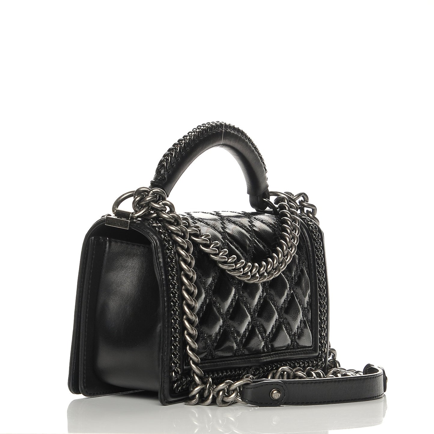 Calfskin Quilted Medium Boy Top Handle Flap Black
