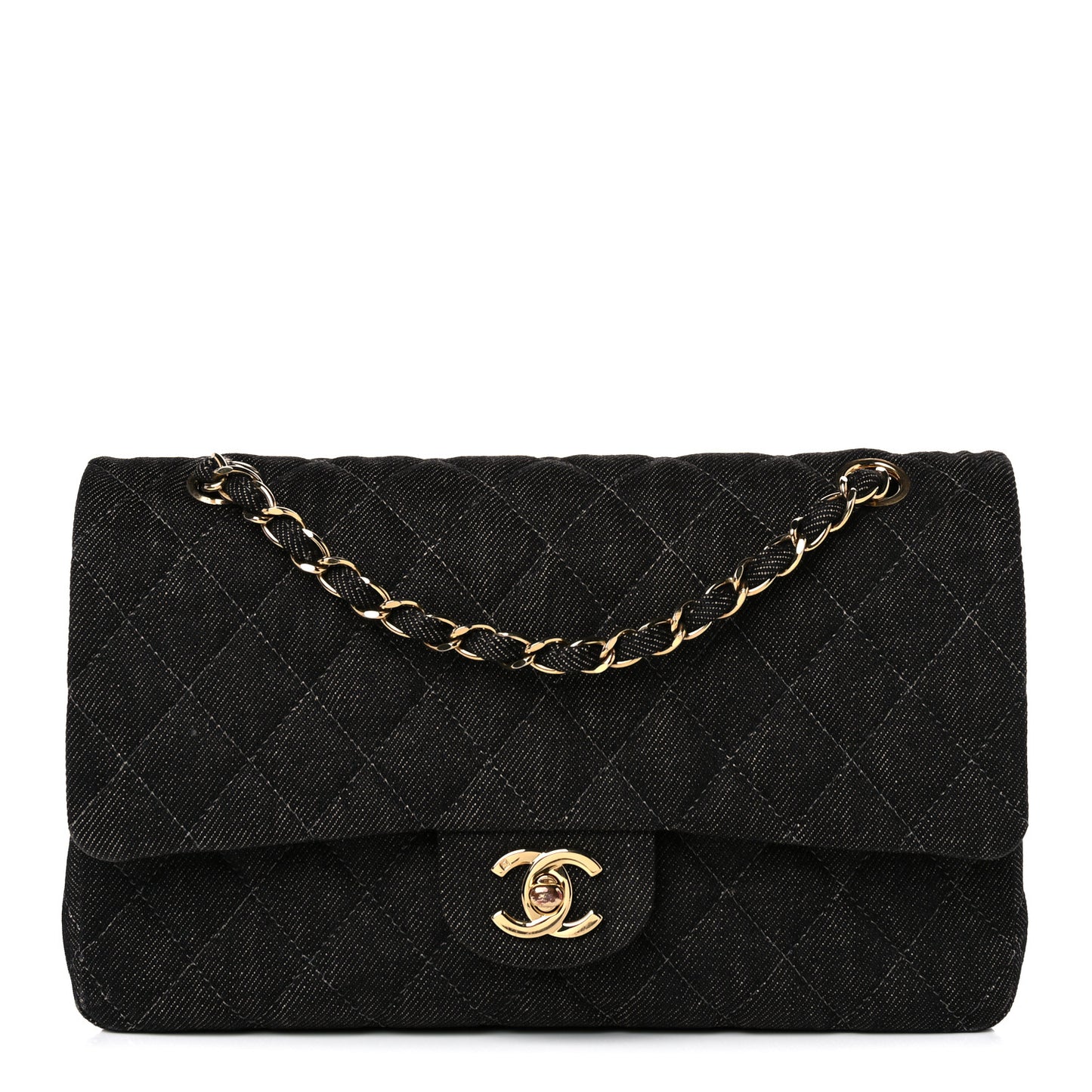 Denim Quilted Medium Double Flap Black
