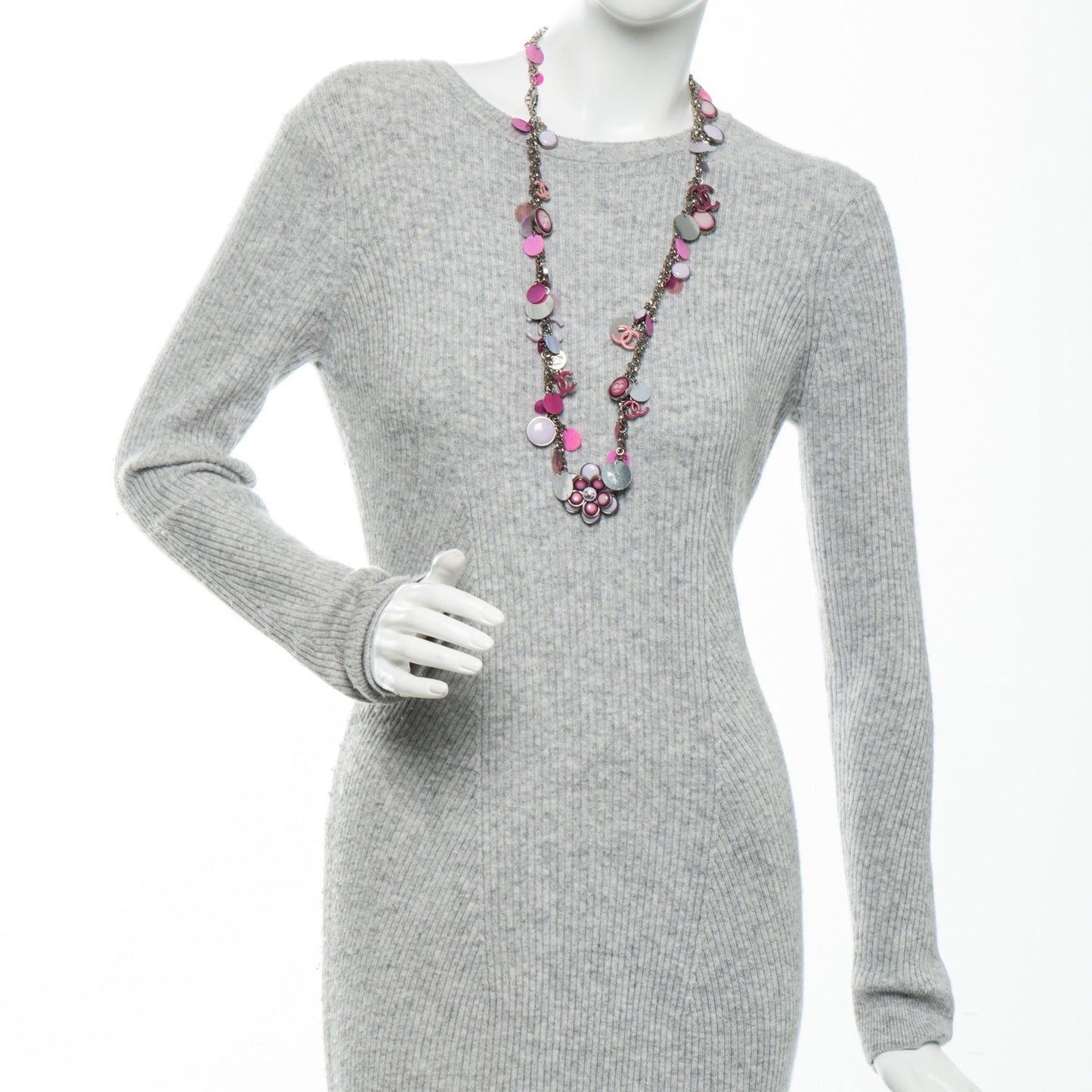 Enamel CC Long Necklace Pink Silver
