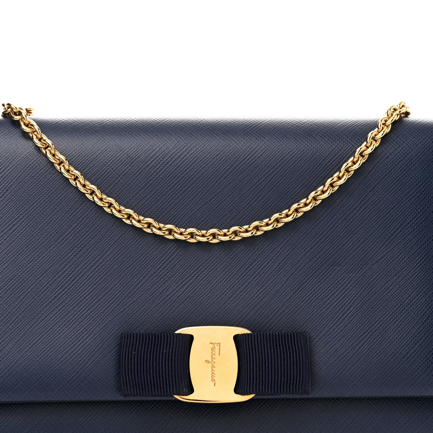 Salvatore Ferragamo Printed Calfskin Vara Bow Chain Flap Crossbody Navy 7 of 11
