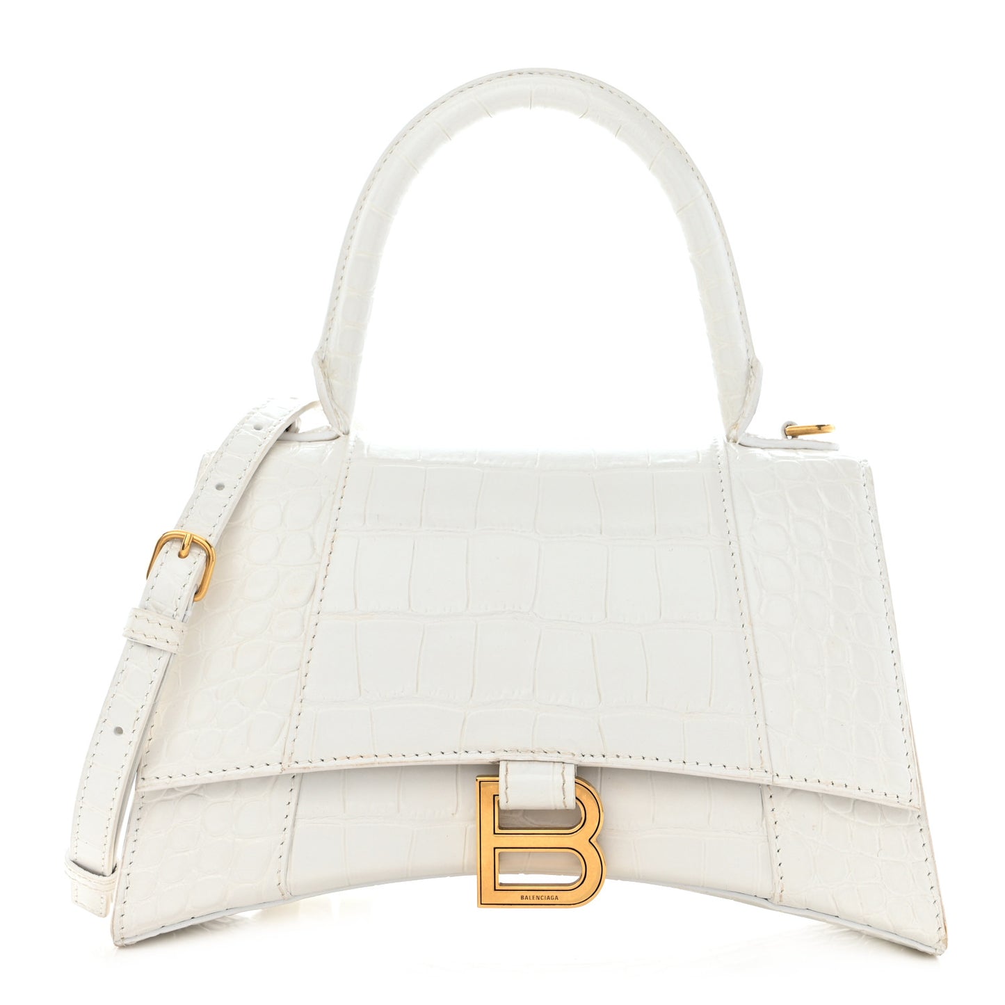 Shiny Calfskin Crocodile Embossed Small Hourglass Top Handle Bag White