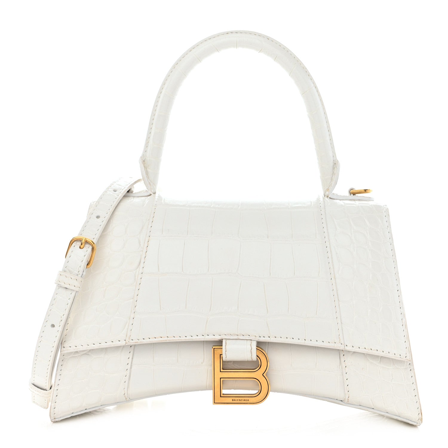 Balenciaga Shiny Calfskin Crocodile Embossed Small Hourglass Top Handle Bag White 1 of 9