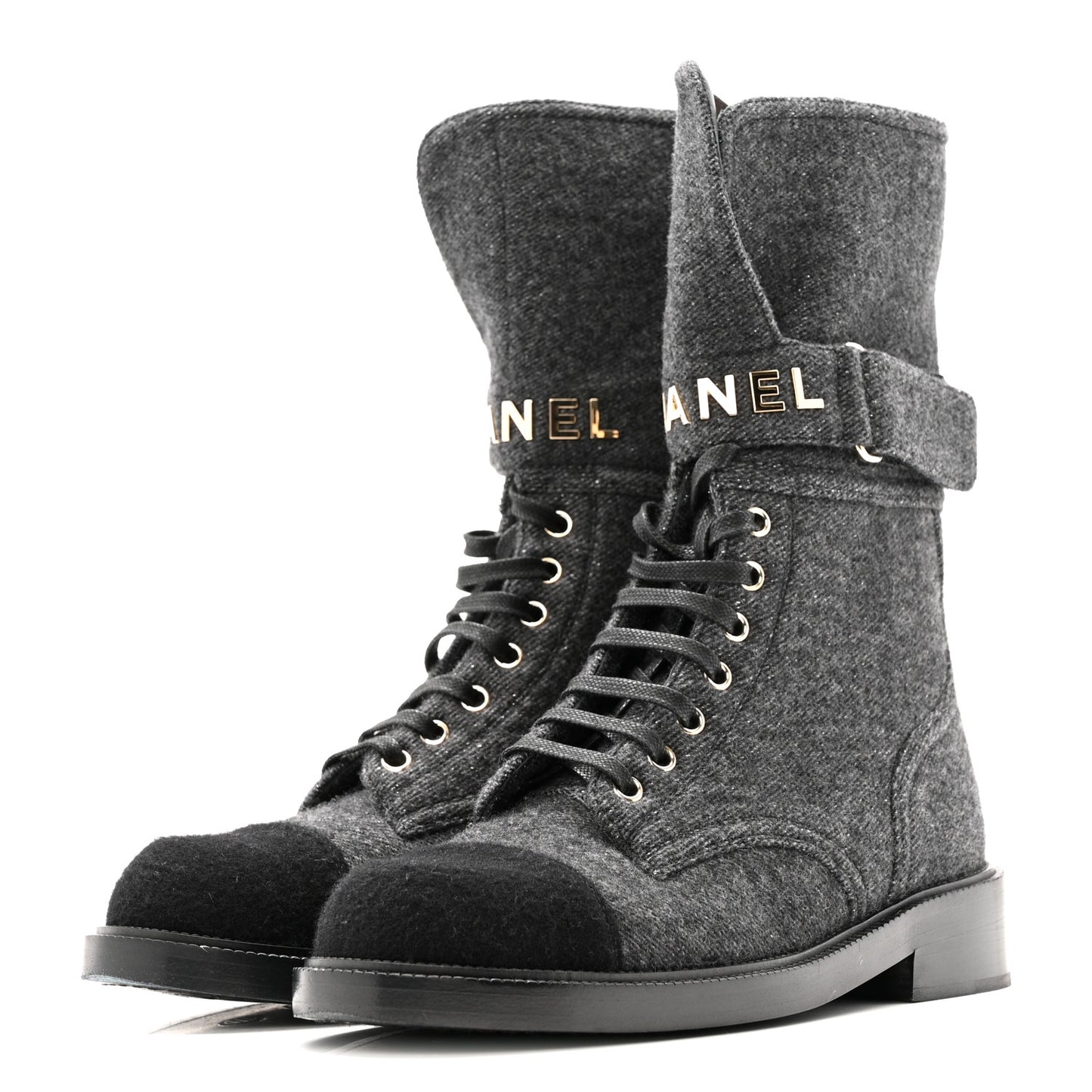 Tweed Lace Up Combat Boots 37.5 Dark Grey Black