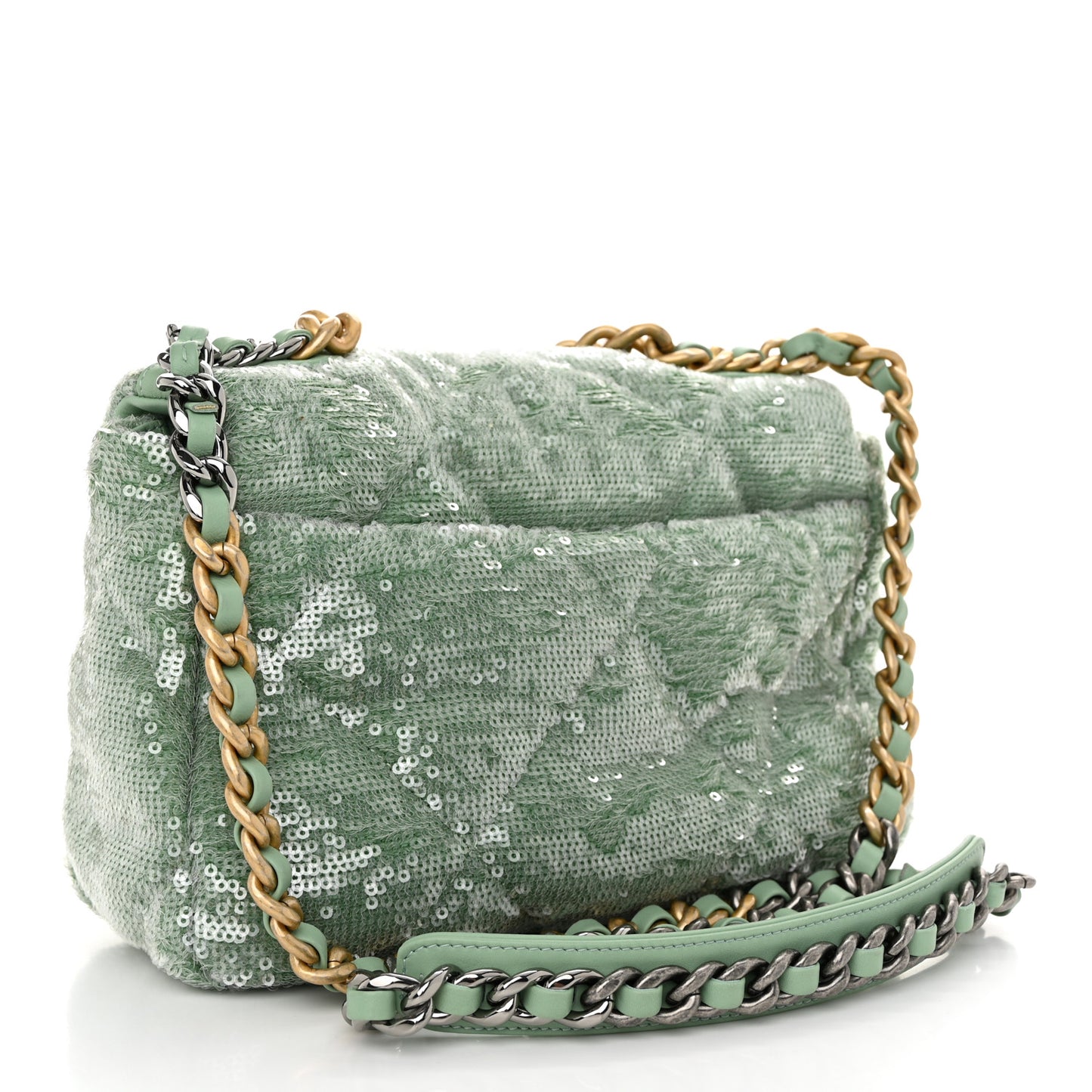 Sequin Quilted Medium Chanel 19 Flap Light Green