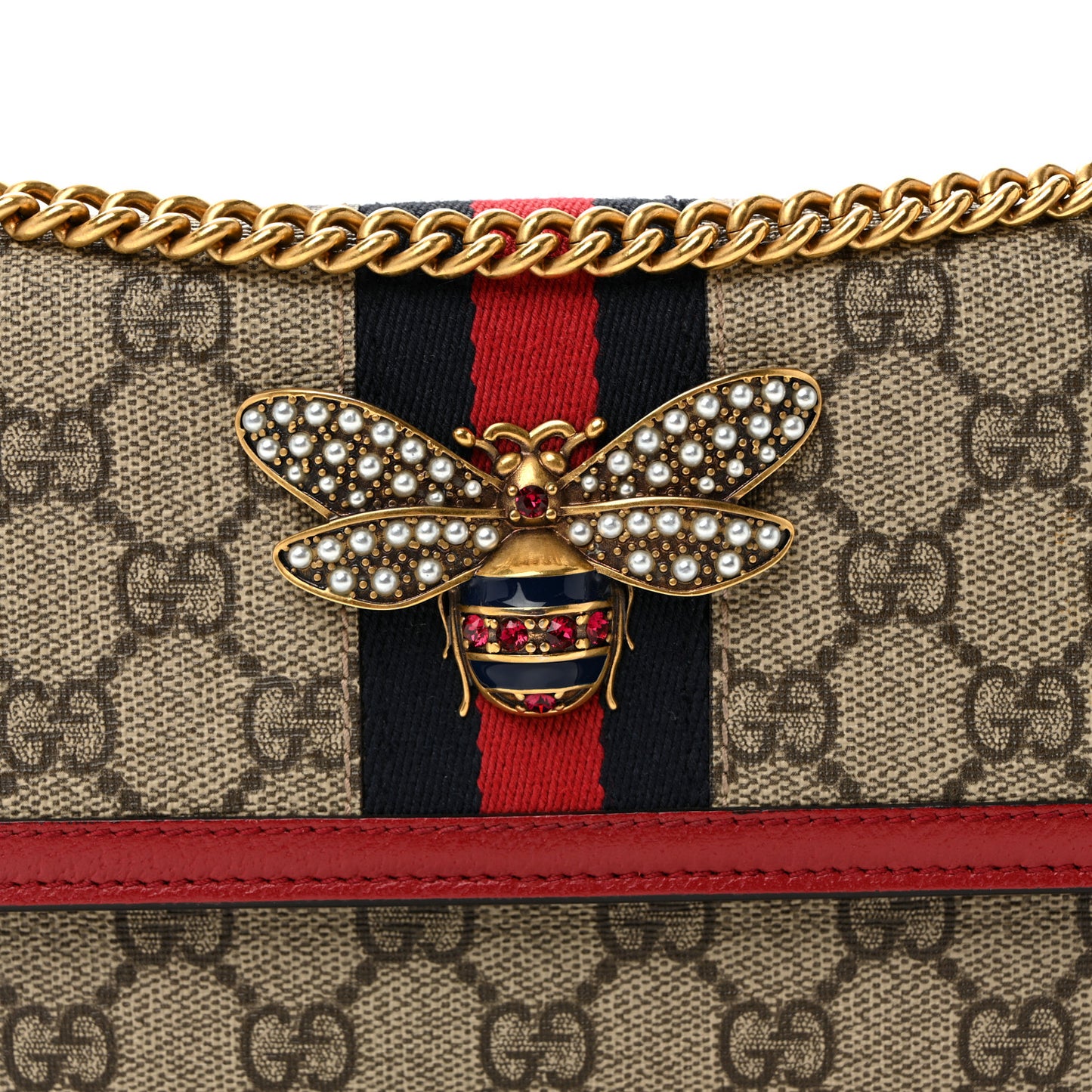 GG Supreme Monogram Web Queen Margaret Chain Wallet Red