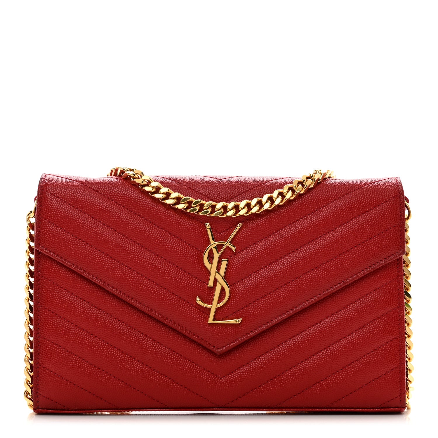 Saint Laurent Grain De Poudre Matelasse Chevron Monogram Chain Wallet Red 1 of 11
