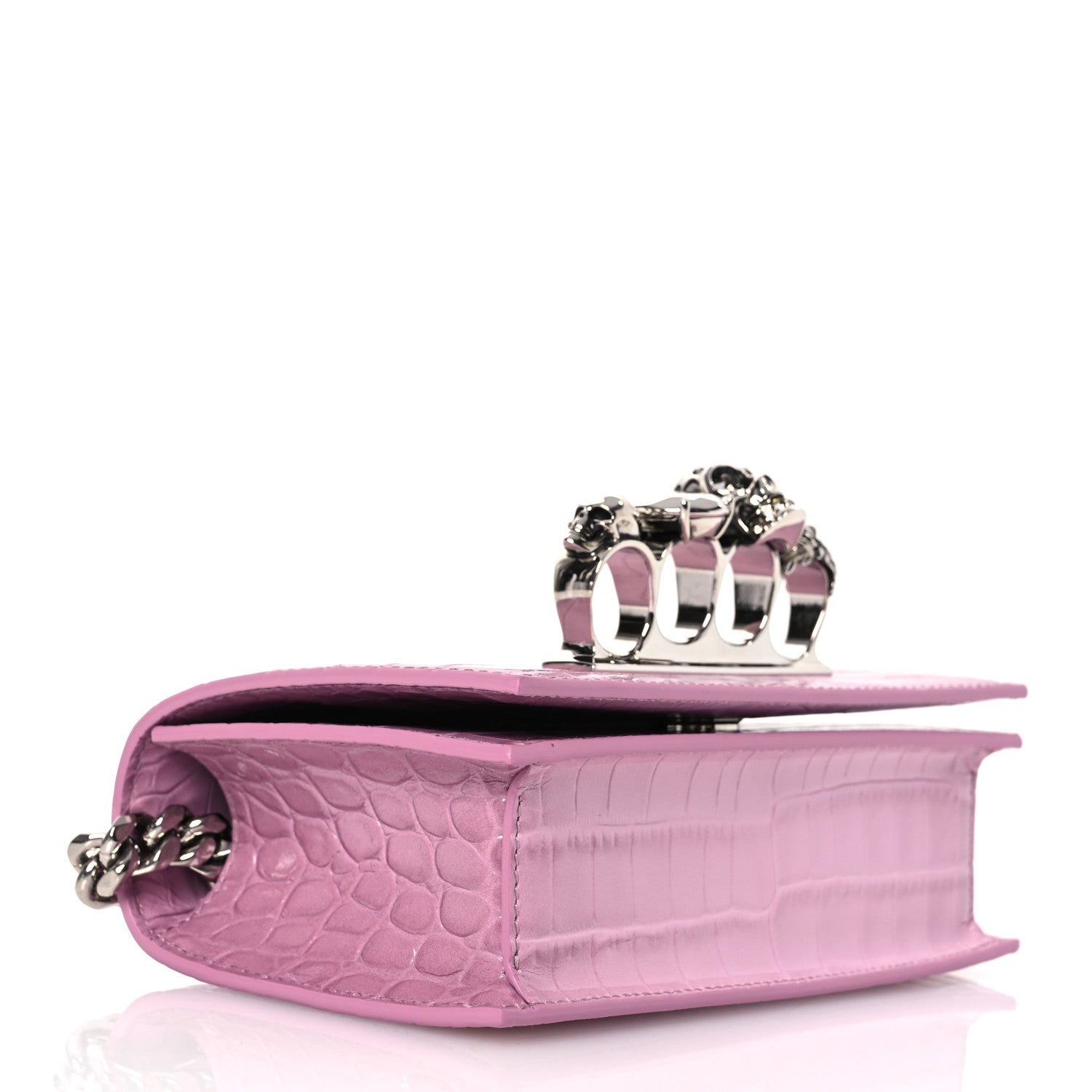 Alexander McQueen Shiny Crocodile Embossed Jeweled Satchel Pink 4 of 11