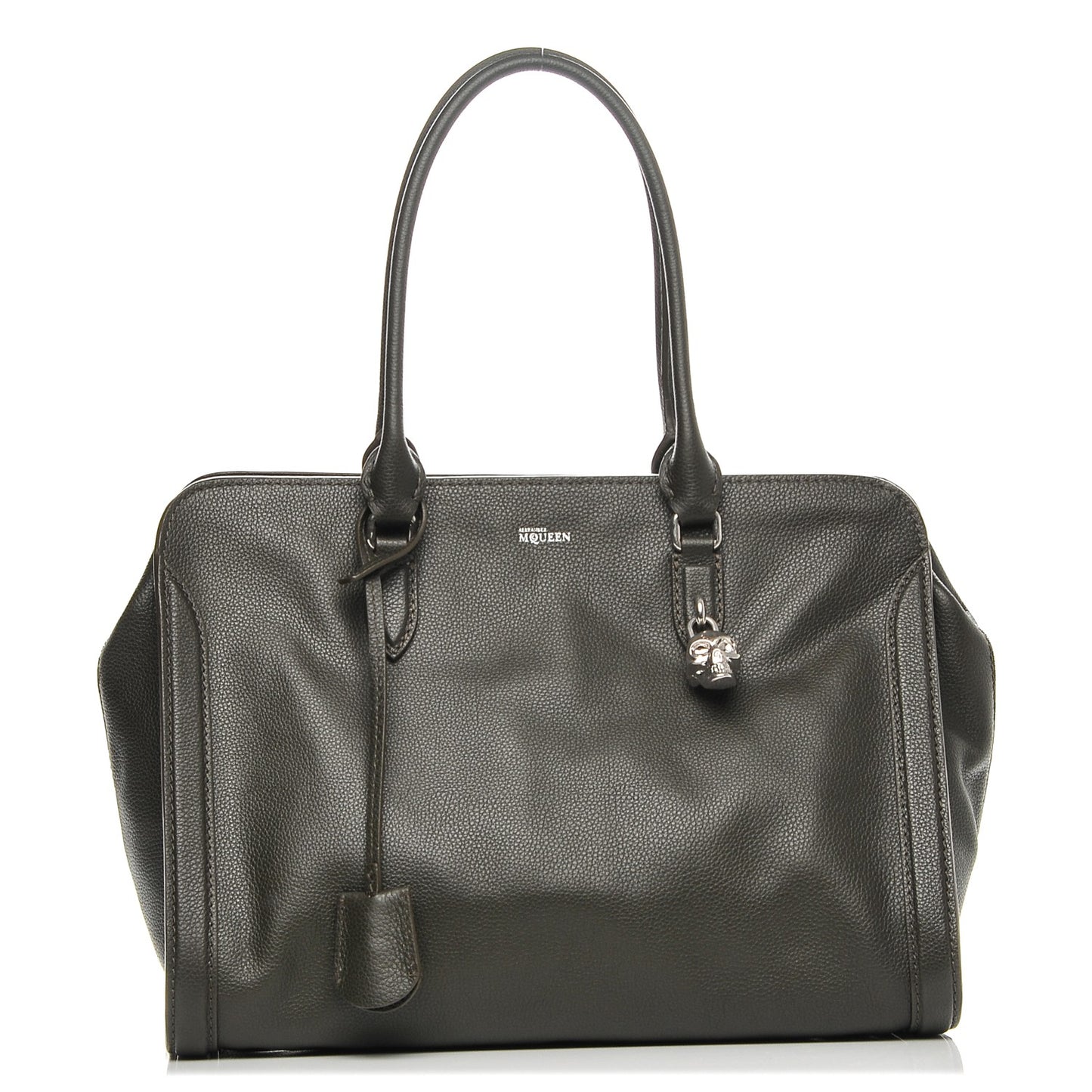 Pebbled Calfskin Large Skull Padlock Zip Around Tote Verde Militare