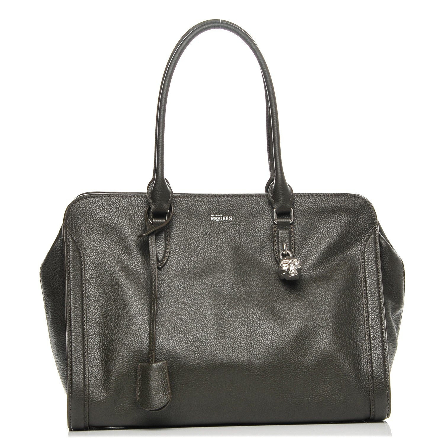 Alexander McQueen Pebbled Calfskin Large Skull Padlock Zip Around Tote Verde Militare 1 of 7