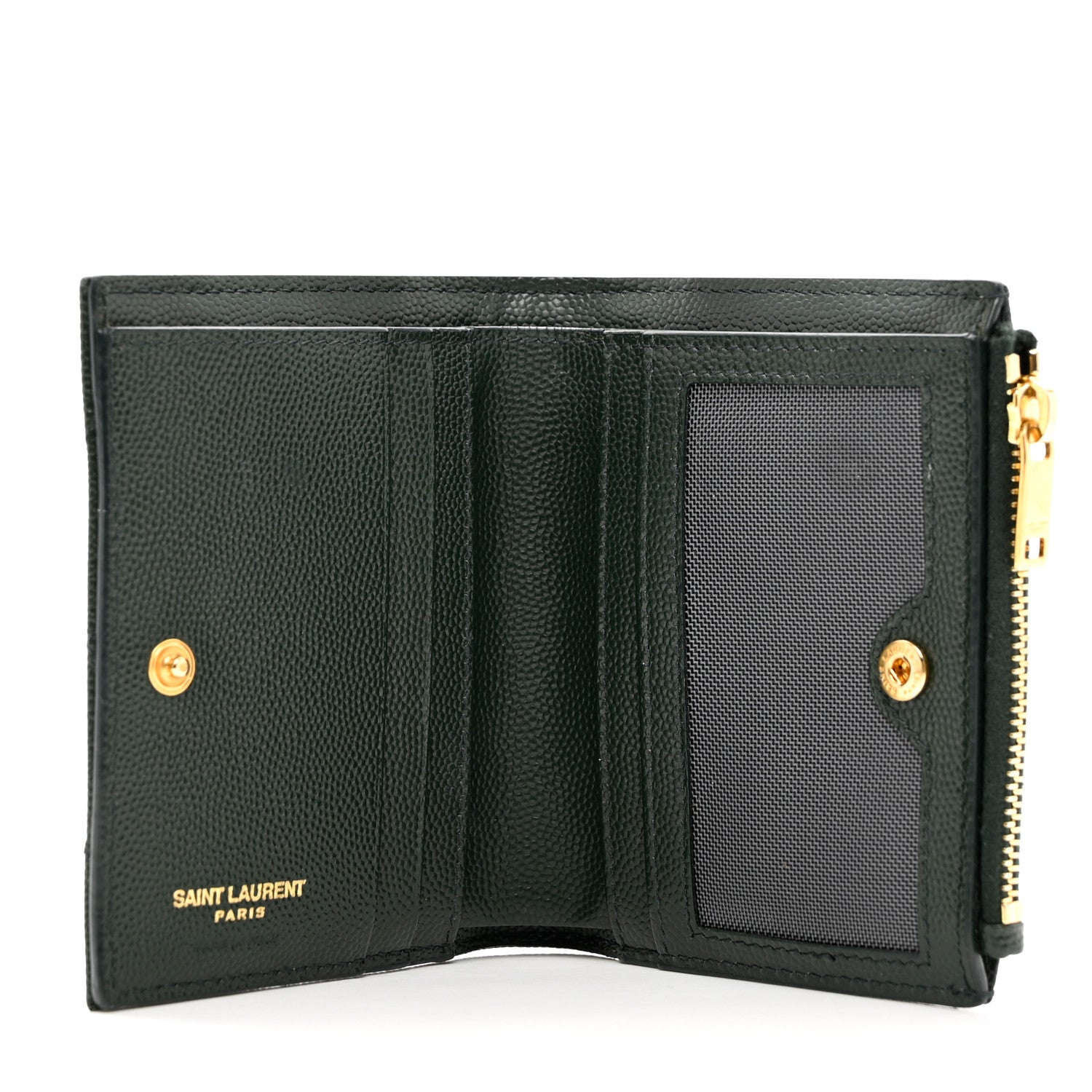 Saint Laurent Grain De Poudre Matelasse Chevron Monogram Zipped Card Case Green 5 of 9