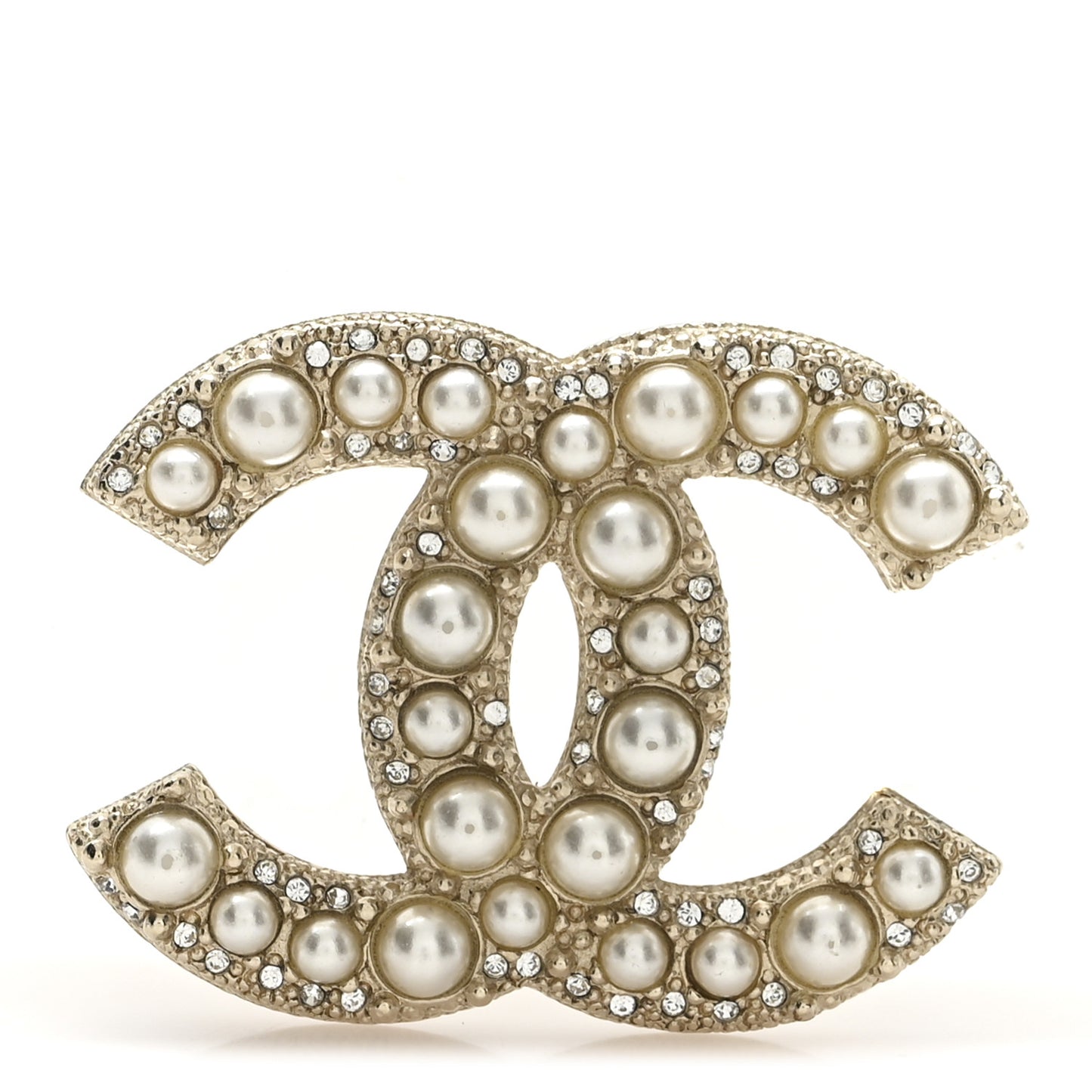 Metal Crystal Graduated Pearl CC Brooch Gold
