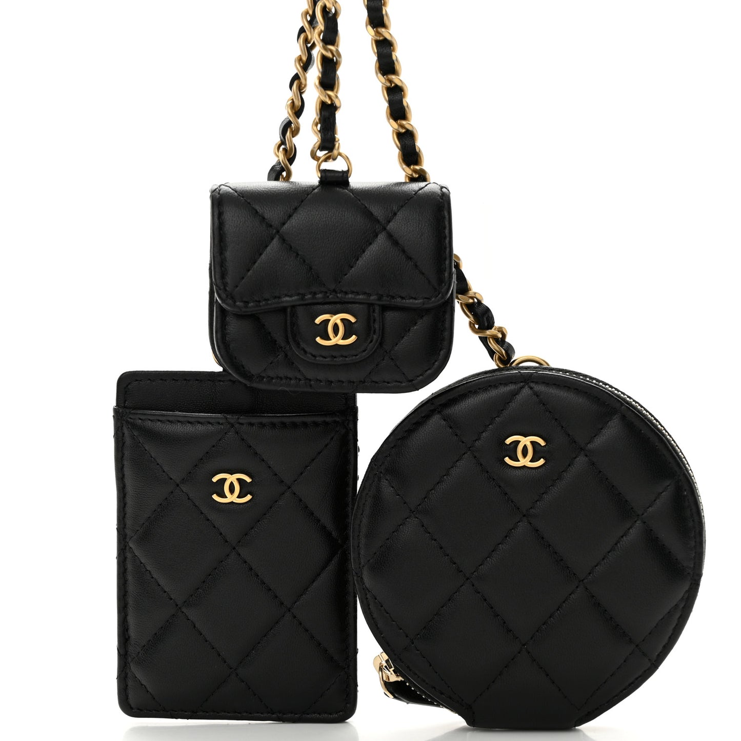 Pearl Lambskin Pearl Crown CC Wristlet Multi Pouches Black