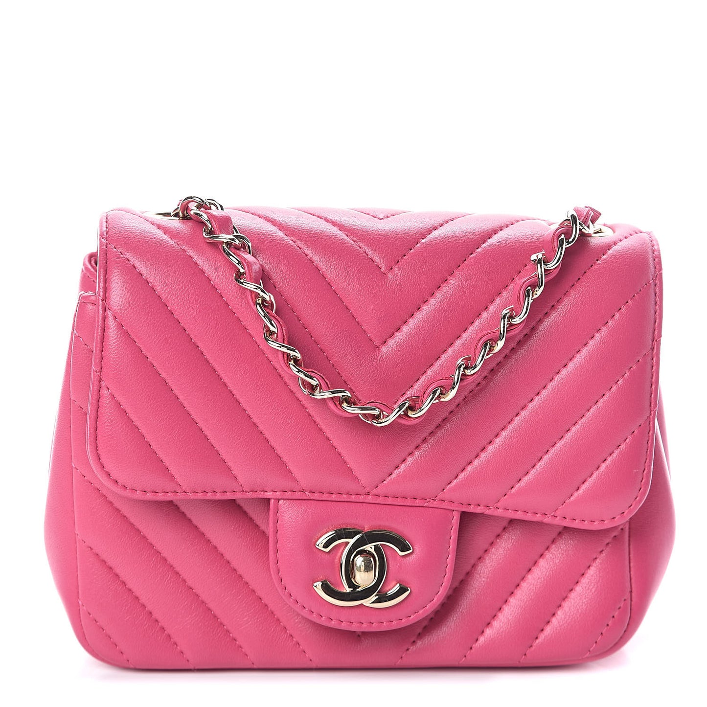 Lambskin Chevron Quilted Mini Square Flap Fuchsia