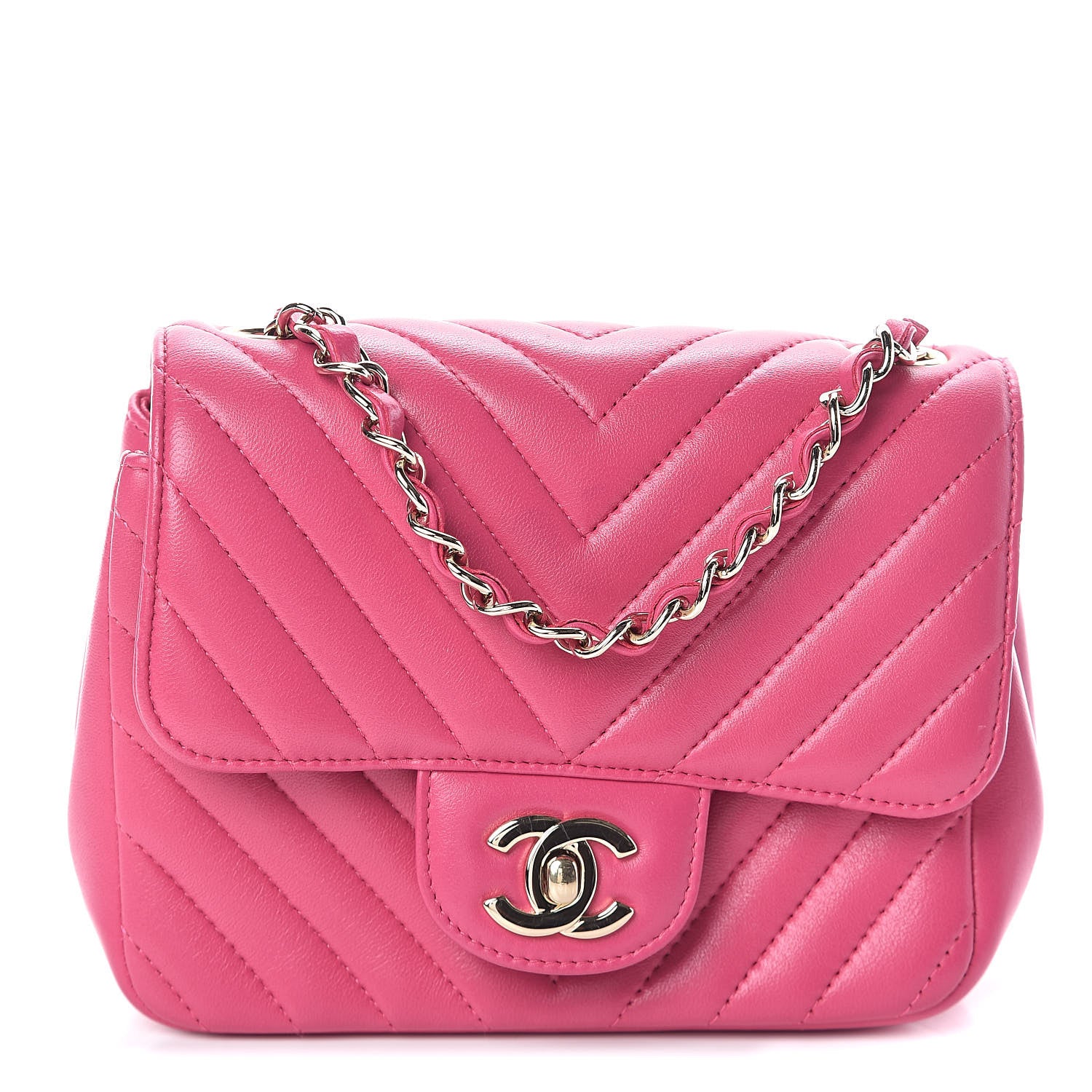 Chanel Lambskin Chevron Quilted Mini Square Flap Fuchsia 1 of 9