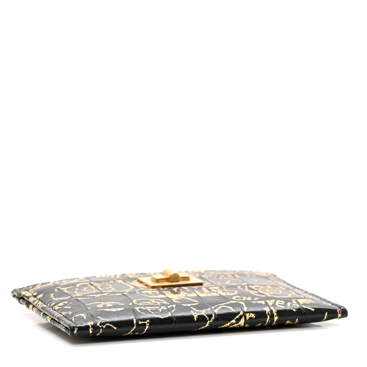 Calfskin Crocodile Embossed Graffiti 2.55 Cocodile Reissue Card Holder Black Gold