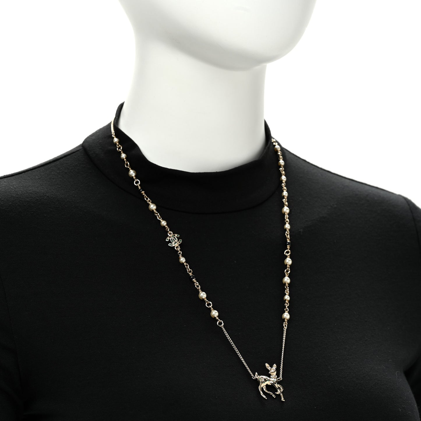 Pearl Crystal CC Deer Long Necklace Gold Green