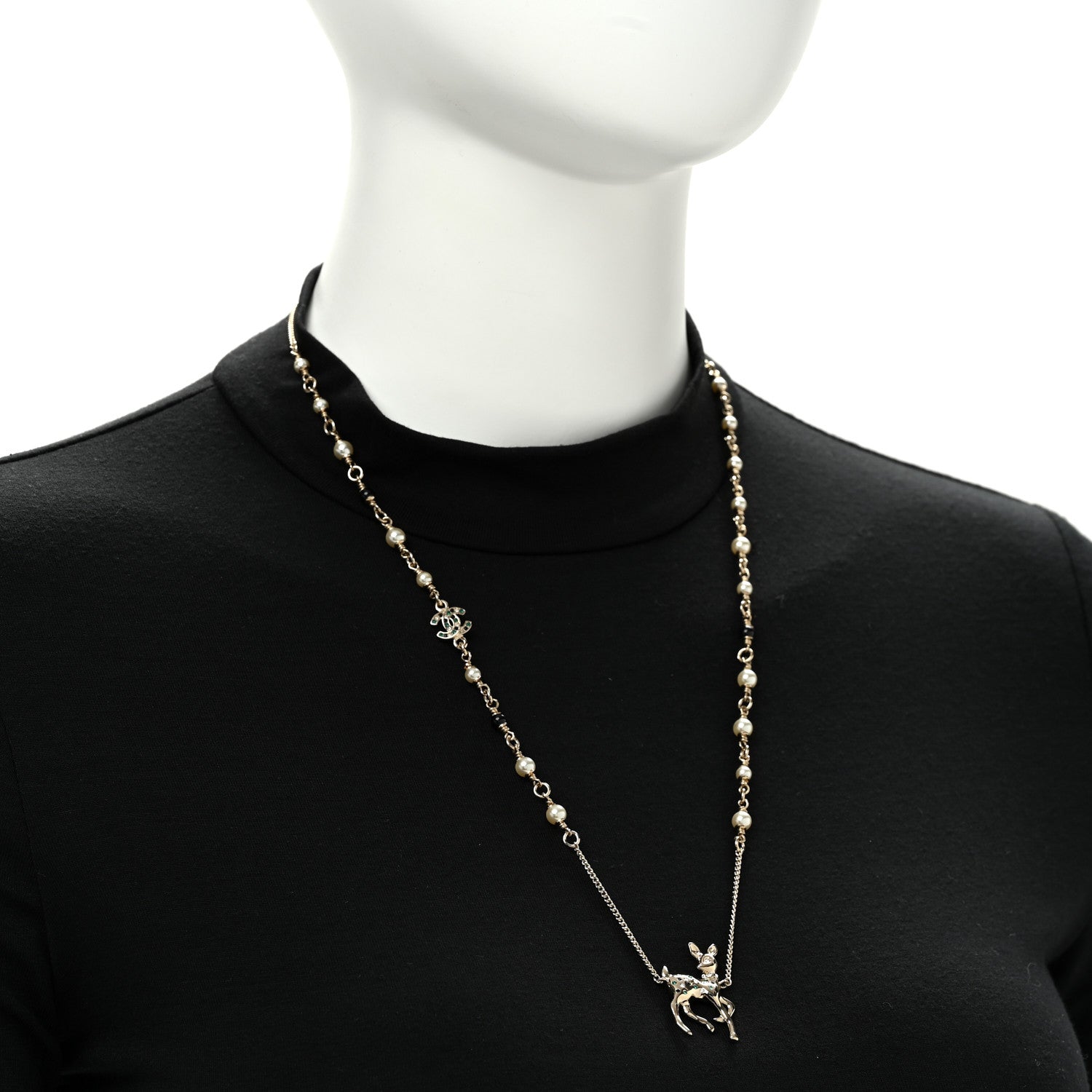Chanel Pearl Crystal CC Deer Long Necklace Gold Green 2 of 5