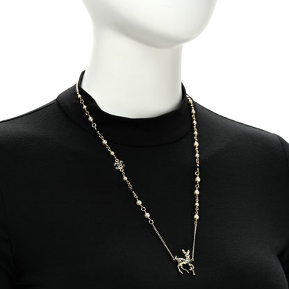 Chanel Pearl Crystal CC Deer Long Necklace Gold Green 2 of 5