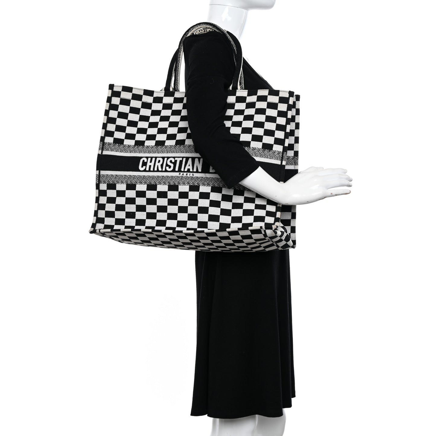 Canvas Embroidered Checkered Book Tote Black White