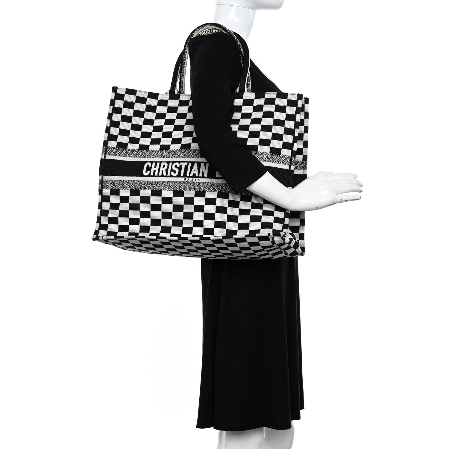 Christian Dior Canvas Embroidered Checkered Book Tote Black White 2 of 10