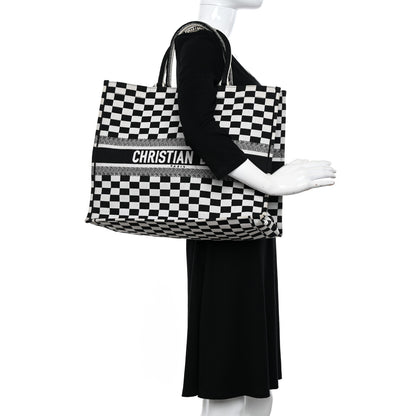Christian Dior Canvas Embroidered Checkered Book Tote Black White 2 of 10