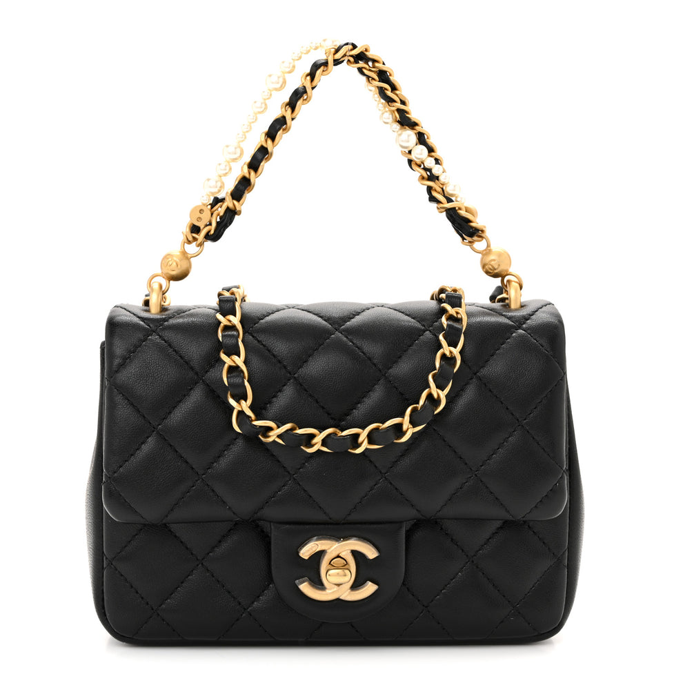 Chanel Shiny Lambskin Quilted Pearl Twist Mini Square Flap Black ...