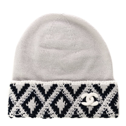 Chanel Cashmere Blend CC Beanie Hat White Navy Blue 1 of 7