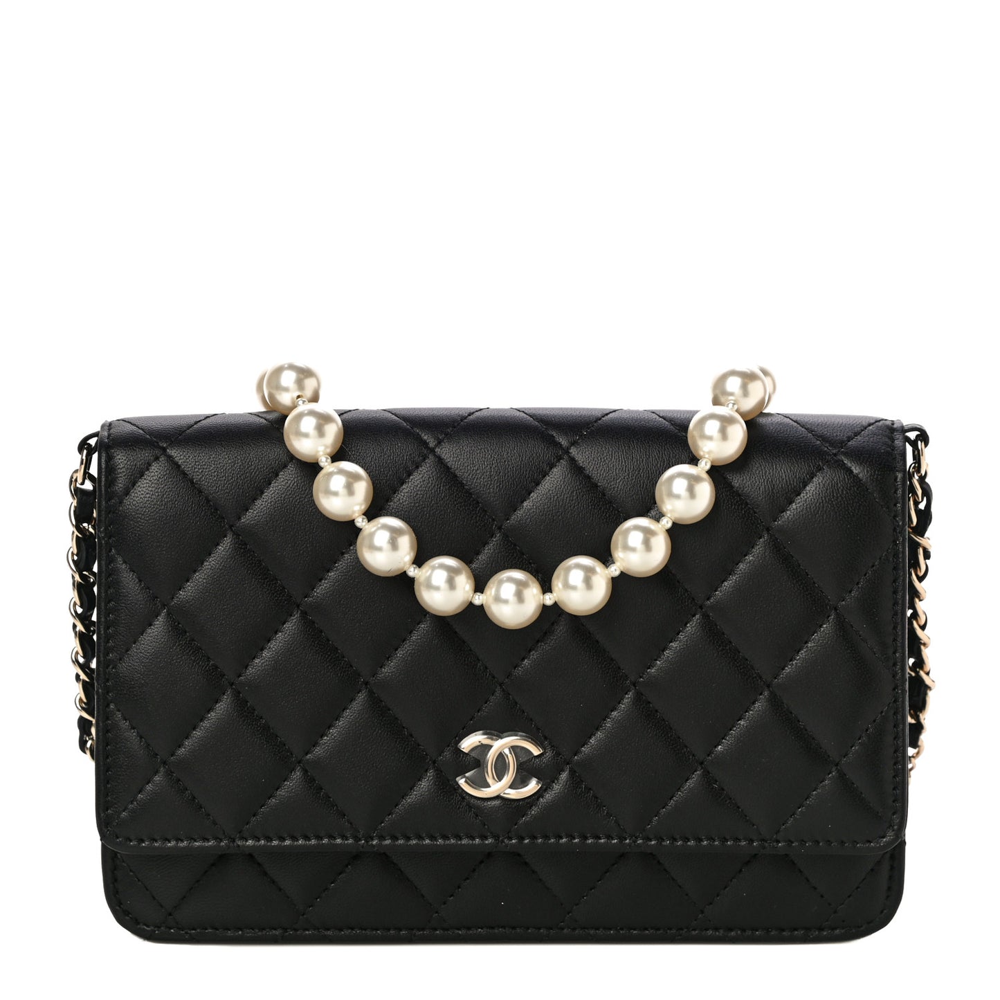 Lambskin Quilted Pearl Wallet On Chain WOC Black