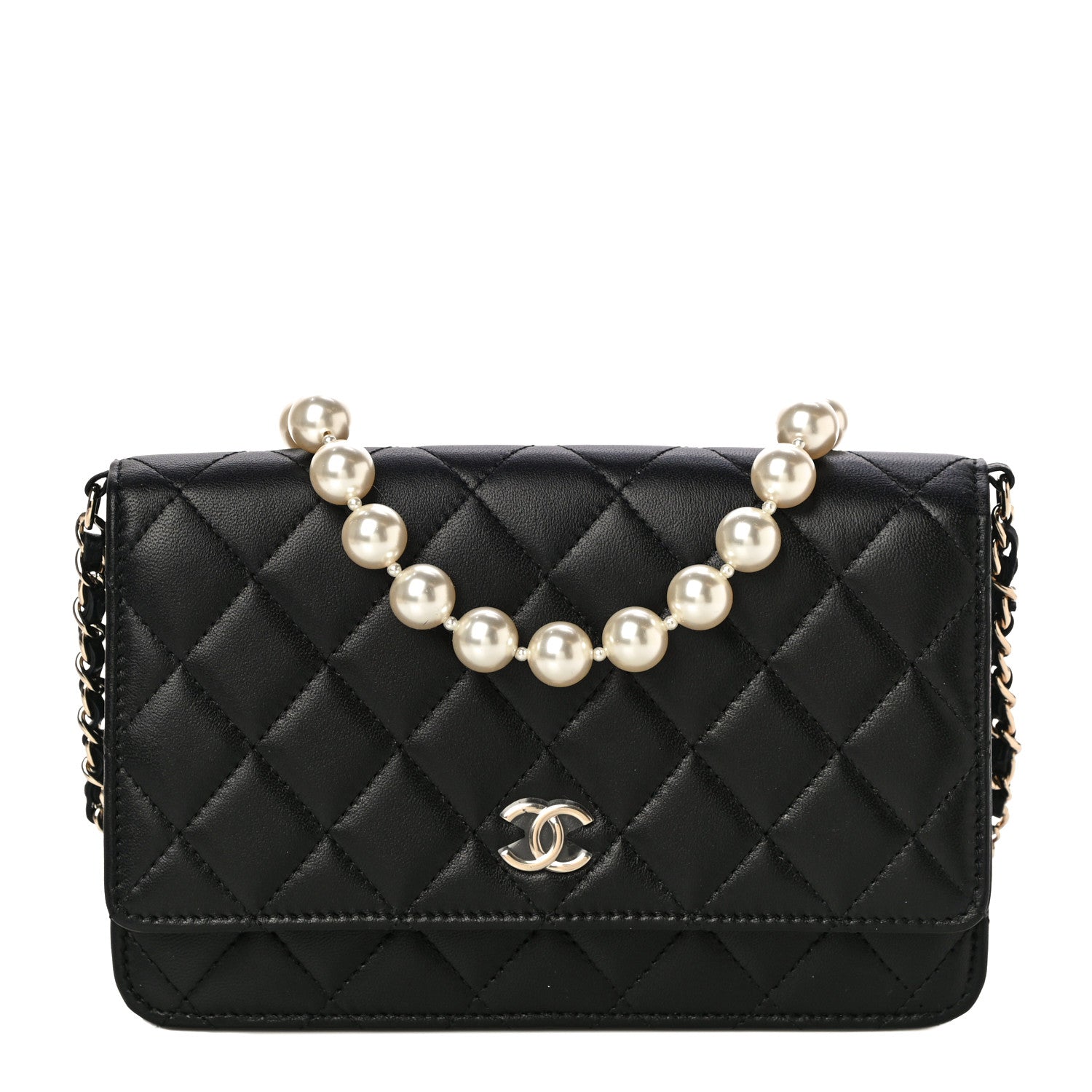 Chanel Lambskin Quilted Pearl Wallet On Chain WOC Black 11 of 13