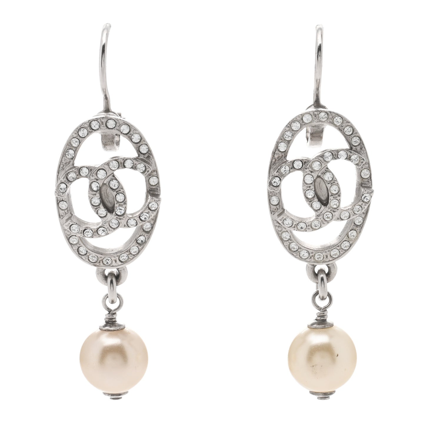 Pearl Crystal Oval CC Drop Earrings Silver