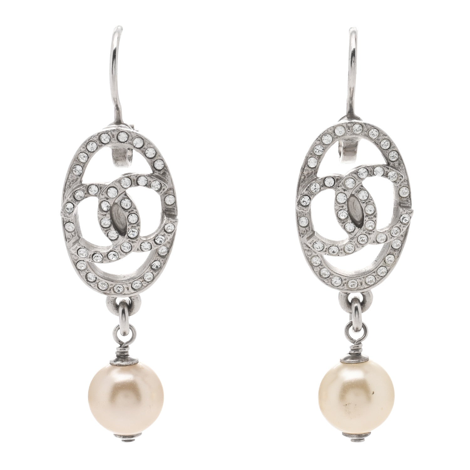 Chanel Pearl Crystal Oval CC Drop Earrings Silver 1 of 4