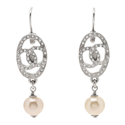 Chanel Pearl Crystal Oval CC Drop Earrings Silver 1 of 4